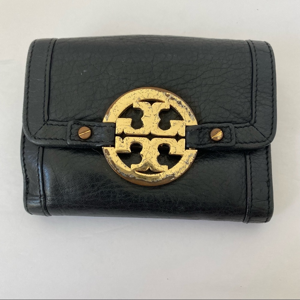 Tory Burch Black Leather Wallet with Gold Logo Accent